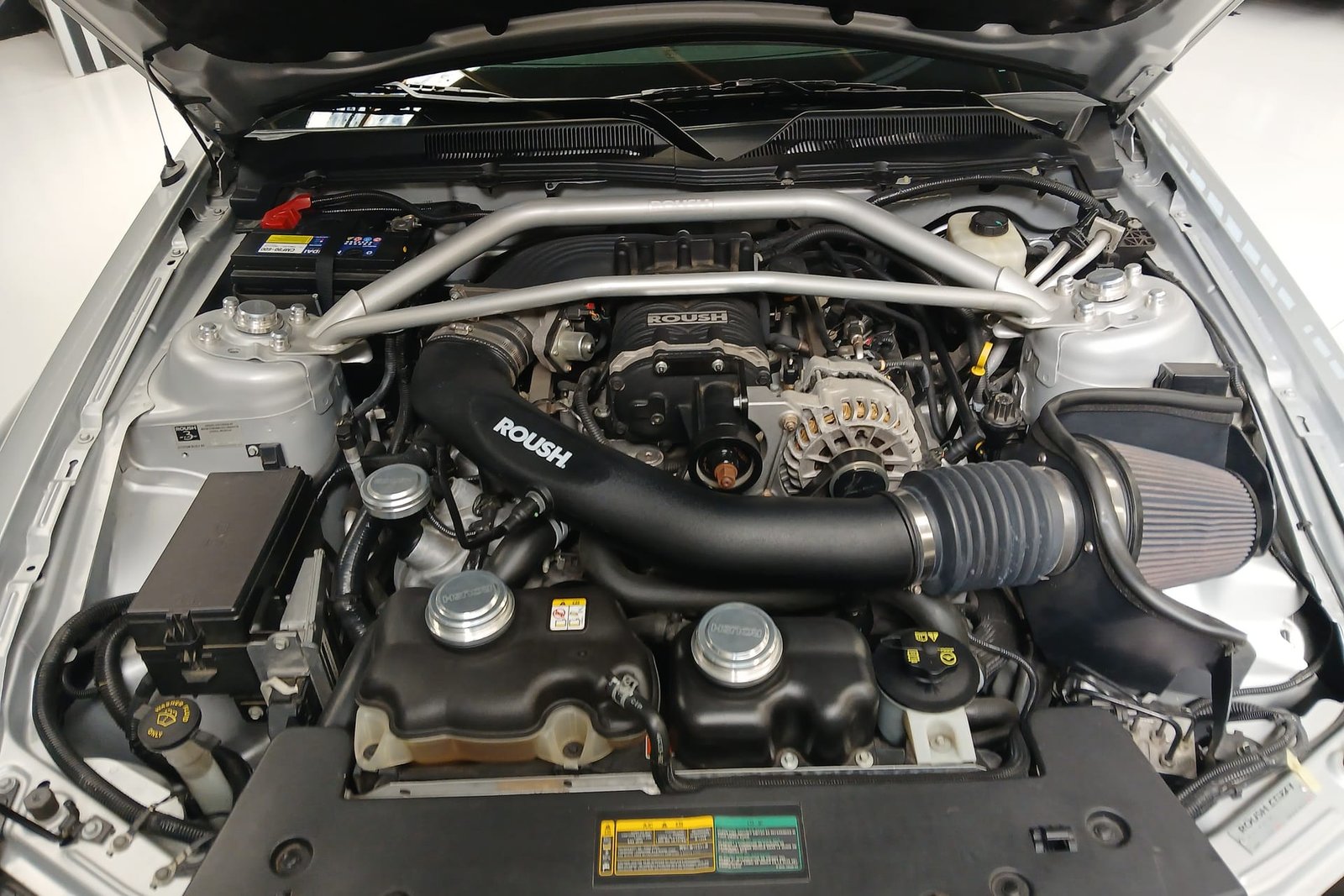 Roush Mustang engine bay, supercharged V8